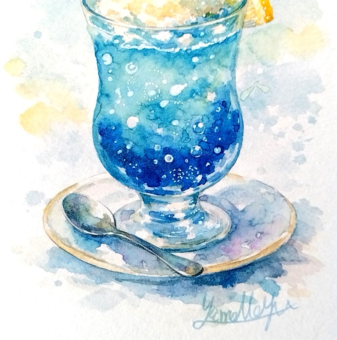 氷の角や、アイスクリームの溶け際、そしてグラスに浮かぶ小さな気泡のひとつひとつを色鉛筆とホワイトペンで丁寧に描写。密度を高めることで、ポストカードサイズながらもしっかりとした存在感を持たせました。