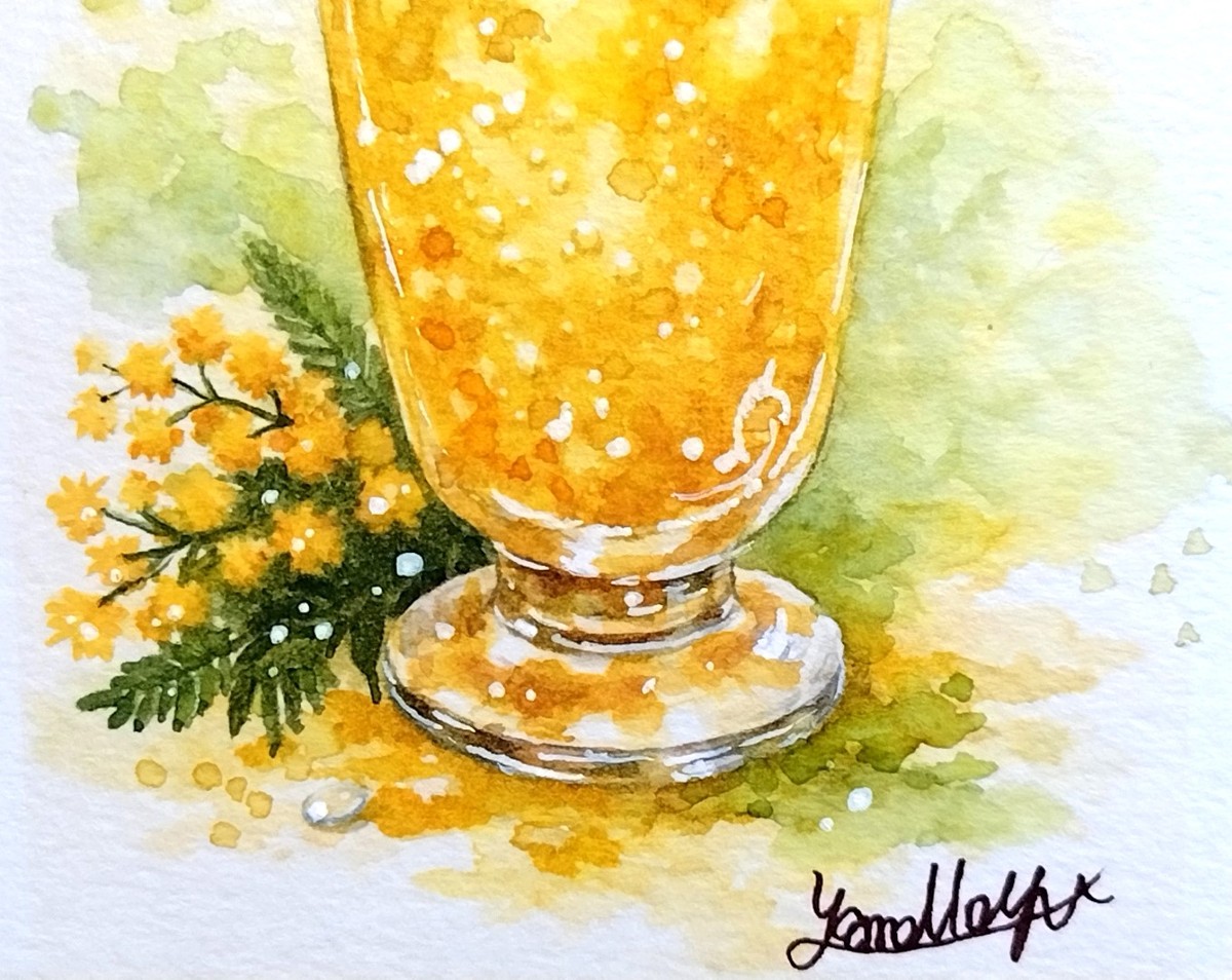 色鉛筆で細部を整えることで、ミモザの繊細な表情を描き込みました。