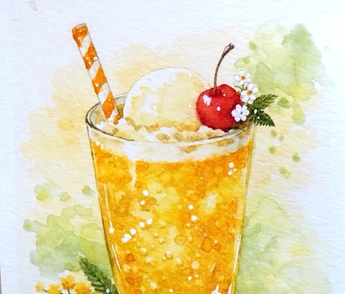 透明水彩とDr.マーチン インディアインクを使い分け、グラスのふちで輝く鋭い光や、真っ赤なさくらんぼのみずみずしさを強調。