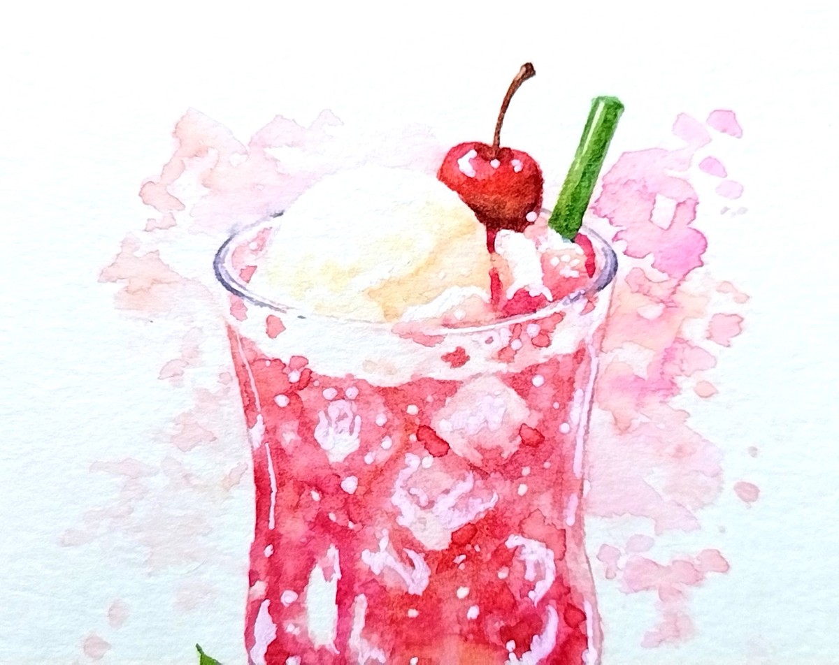 透明水彩特有のにじみを活かし、グラスの中で光と色彩が混ざり合う様子を表現。炭酸の泡がキラキラと瞬き、甘い香りが漂ってきそうな質感を追求しました。