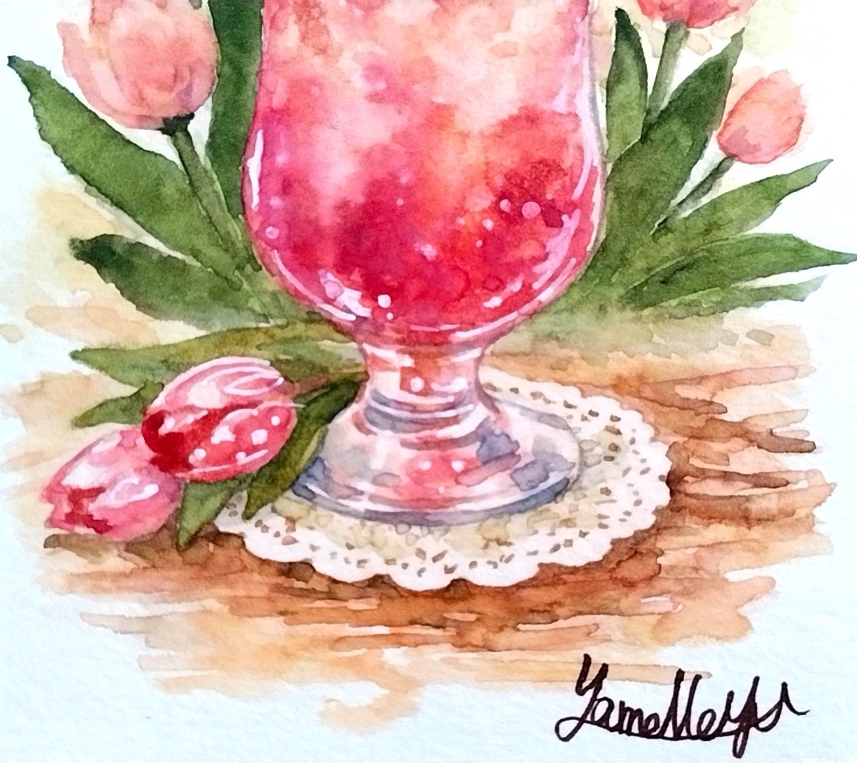 Dr.マーチン インディアインクによる鮮烈な色彩と、色鉛筆によるチューリップの花びらやレースの細かな描き込みが、画面に豊かな密度と物語性を与えています。