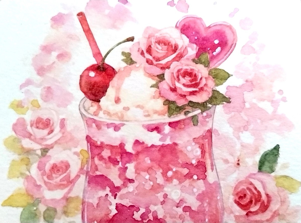 透明水彩を幾重にも塗り重ねることで、単なるピンクではない、奥行きのある「麗しい紅」を表現しました。