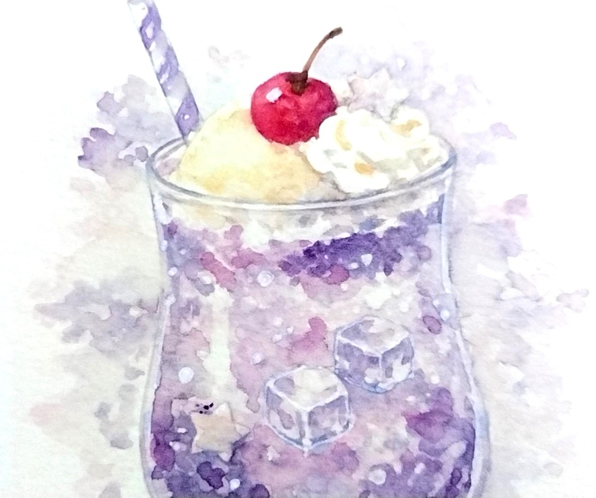 透明水彩ならではの繊細なにじみを活かし、グラスの中に無限に広がる夜空のような奥行きを表現しました。