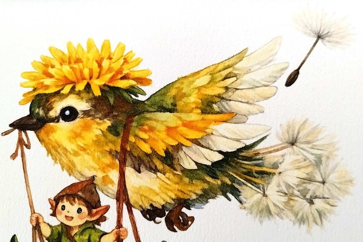 透明水彩の柔らかなにじみを活かし、春の陽光に透ける鳥の羽根の一枚一枚を丁寧に表現しました。画面全体に温かな光が満ちているような、優しい質感を大切にしています。