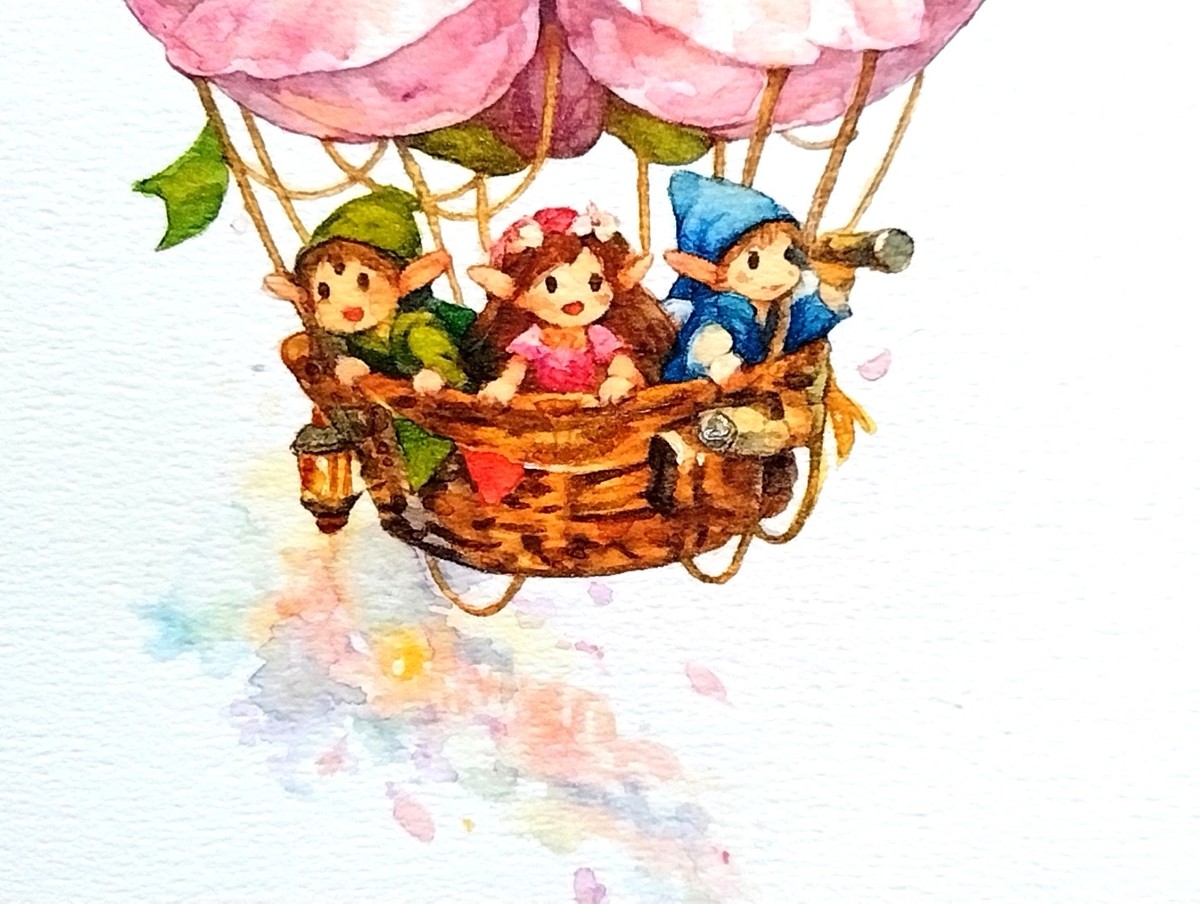 Dr.マーチン インディアインクで虹色の光の粒を鮮やかに、色鉛筆で妖精たちの愛らしい表情や籠の編み目を緻密に描き込みました。柔らかさの中に、冒険の息遣いを感じる仕上がりです。