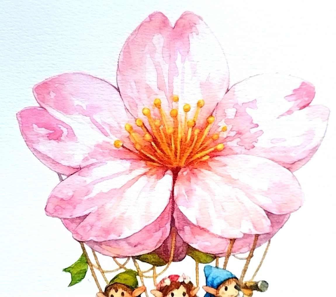 透明水彩の柔らかな「にじみ」を活かし、桜の花びらが陽の光に透けるような、薄く軽やかな質感を大切に表現しました。