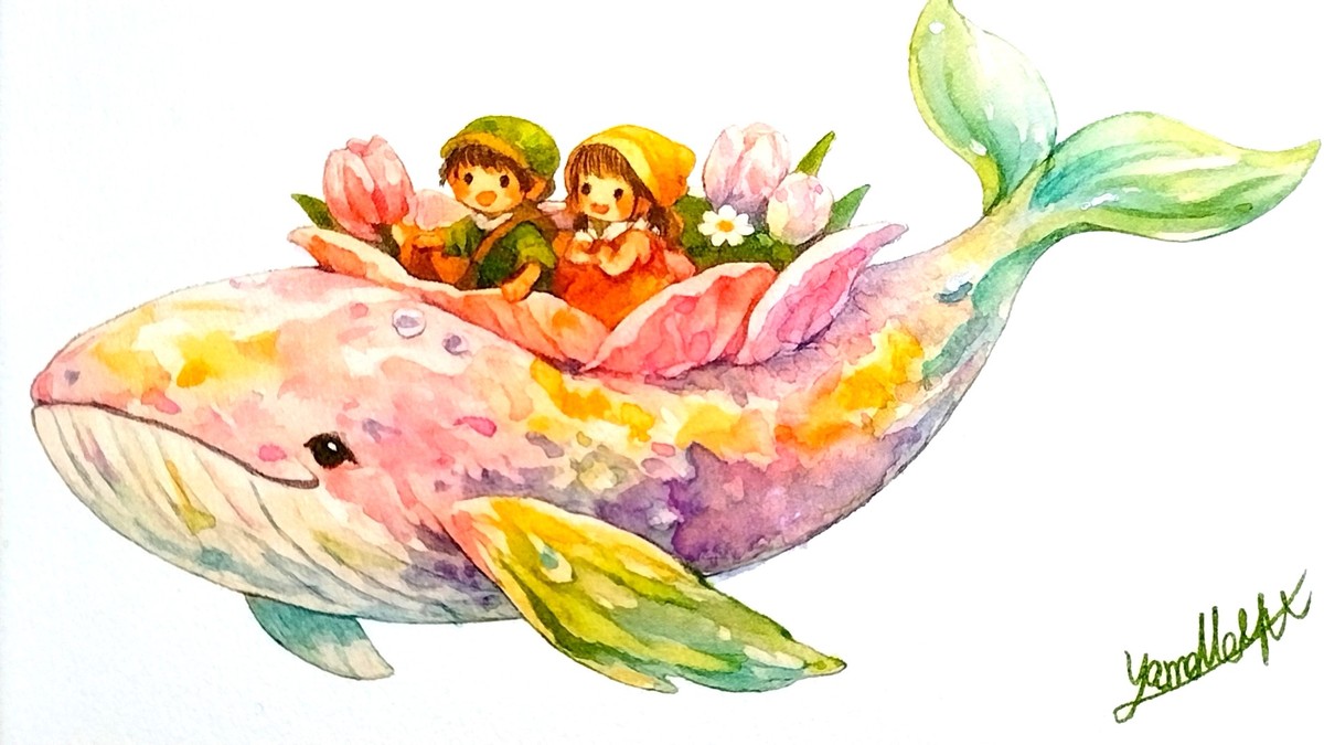 春の訪れを告げるチューリップの瑞々しいピンク色と、クジラの色彩との鮮やかなコントラストが画面を彩ります。Dr.マーチン インディアインクや色鉛筆を併用し、妖精たちの細やかな表情や花のディテールまで繊細に描き込みました。