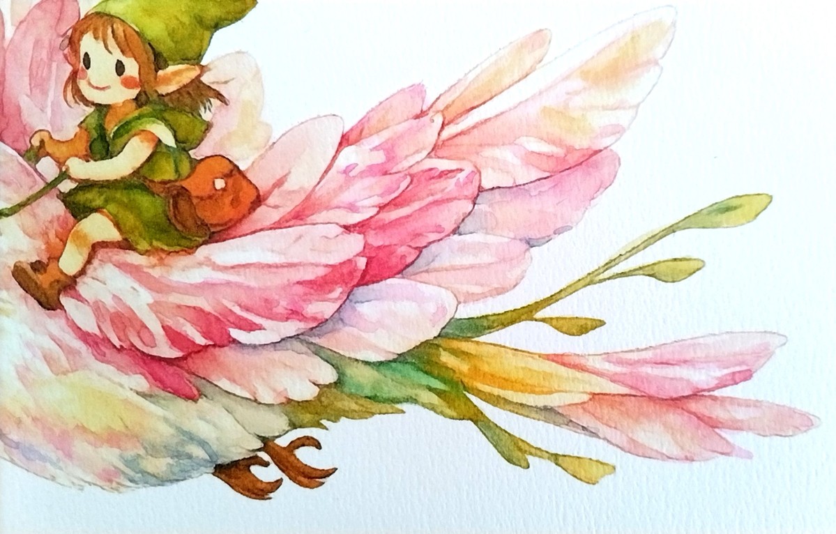 妖精が手にする植物の瑞々しい緑や、鳥の優しい瞳。Dr.マーチン インディアインクと色鉛筆を使い分けることで、柔らかな雰囲気の中にも、生き生きとした生命の鼓動を宿らせています。