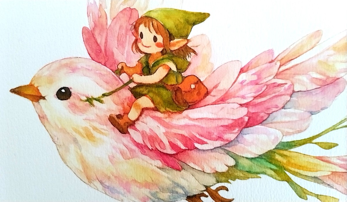 透明水彩ならではの繊細なにじみを活かし、陽光に透ける鳥の羽根の軽やかさを丁寧に表現しました。重なり合うピンクやオレンジ、イエローの色彩が、空の光を反射しているかのように輝きます。