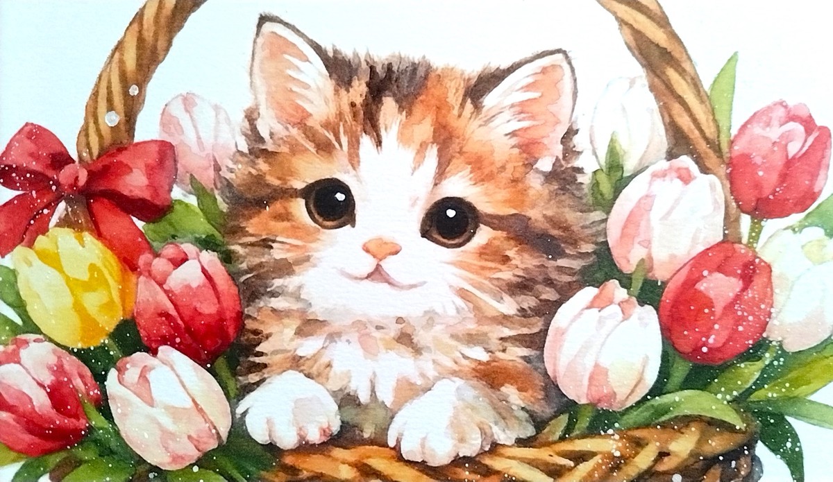 透明水彩の柔らかな特性を最大限に活かし、子猫のふわふわとした毛並みの質感や、一枚一枚丁寧に重ねられたチューリップの花びらを繊細な筆致で描き出しました。
子猫の純粋な眼差しが、見る人の心を優しく解きほぐします。