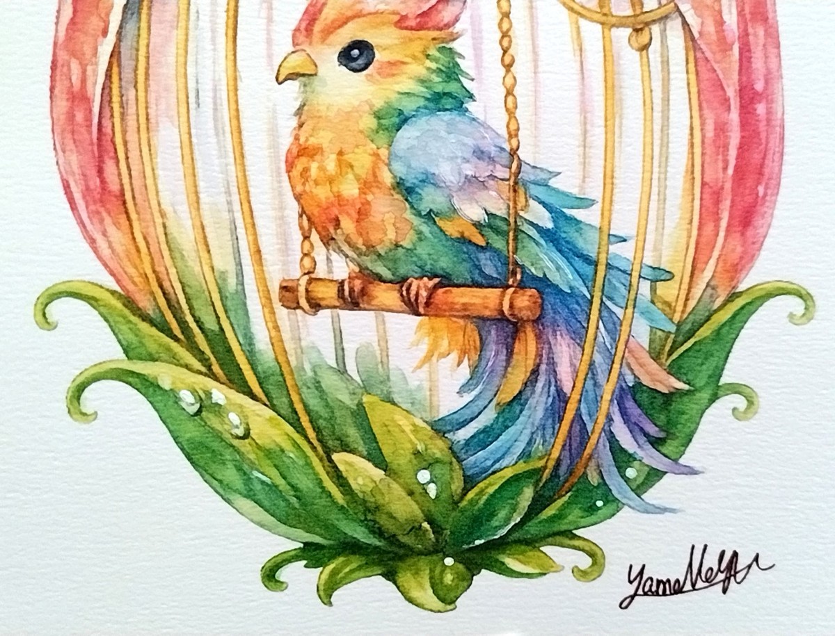 Dr.マーチン インディアインクと色鉛筆を使い、小鳥の羽根一枚一枚が放つ虹色の輝きや、潤んだ瞳の質感を丁寧に描写しています。細部までこだわり抜いた色彩の重なりをぜひお楽しみください。