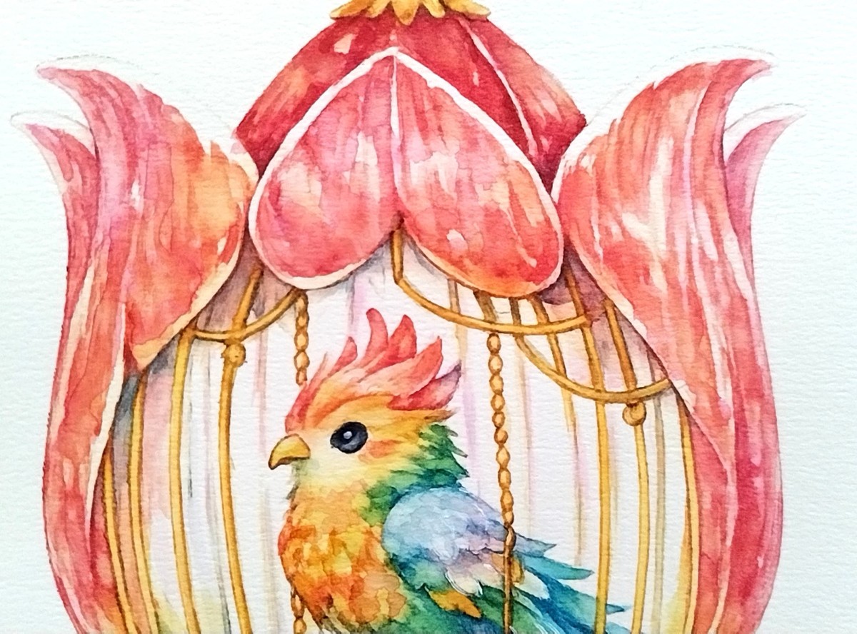 透明水彩を幾重にも重ねることで、陽光に透けるチューリップの瑞々しさと、繊細なグラデーションを表現しました。