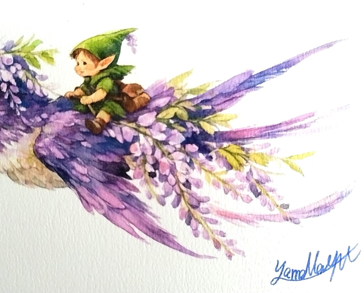 Dr.マーチン インディアインクによる鮮やかな発色と、色鉛筆による細やかな描き込み。
妖精が手にする瑞々しい植物の緑や、ツバメの優しい瞳の輝きが、画面に生き生きとした生命の鼓動を宿らせています。