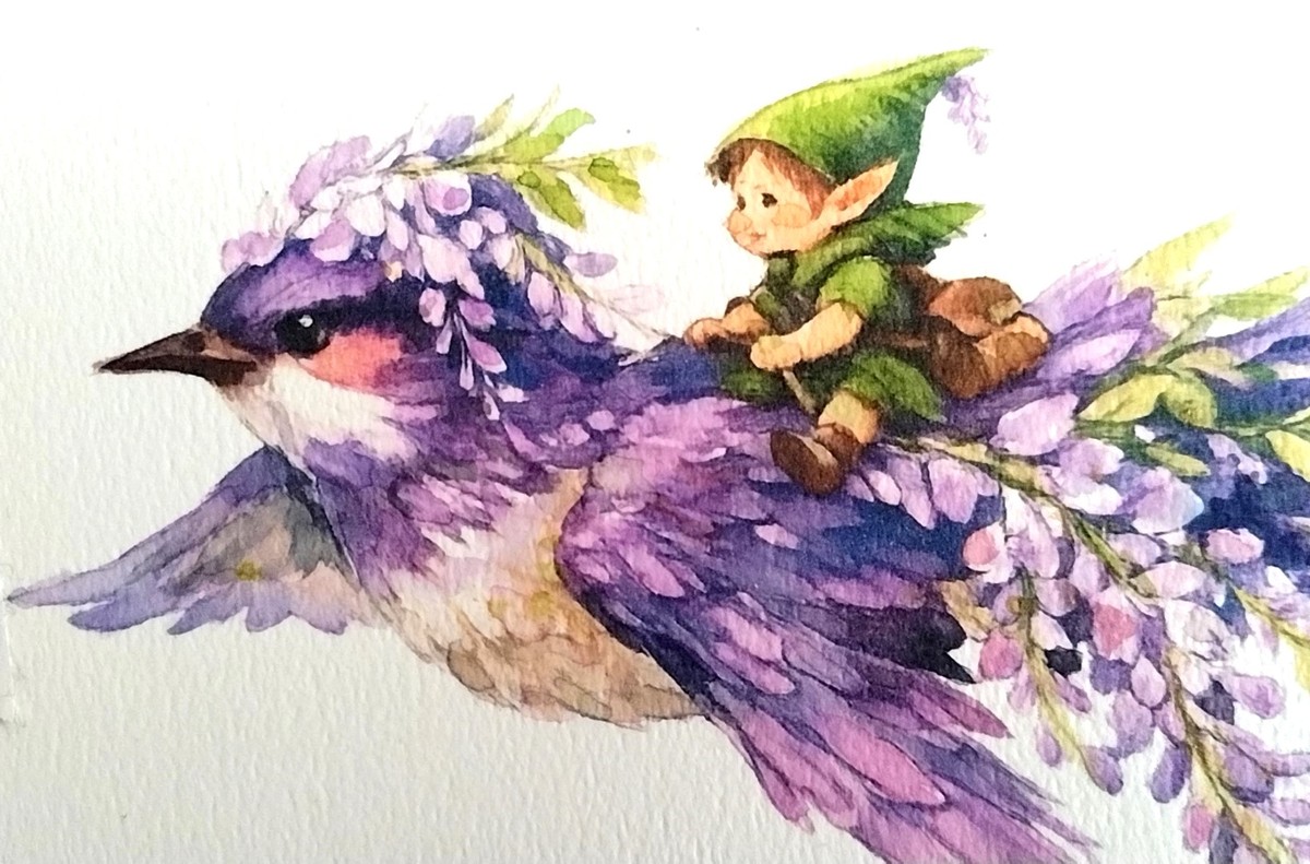 透明水彩ならではの繊細なにじみを活かし、陽光に透けるツバメの羽根の軽やかさを丁寧に表現しました。
藤色の階調が重なり合い、空の光を纏っているような透明感を大切にしています。
