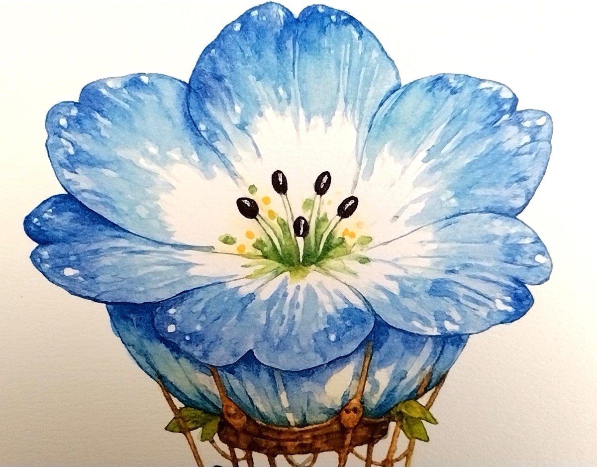 透明水彩の優しく澄んだ色彩を重ねることで、ネモフィラの花びらが放つ瑞々しい青の階調を表現しました。中心に向かって淡く溶けていくようなにじみが、花びらの繊細な質感を際立たせています。