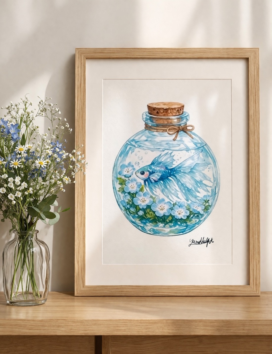 「しおり」というタイトルの通り、物語の続きを待つように静かに佇むこの絵が、あなたの日常のアクセントになります。
勉強や仕事の合間にこの小さな海を眺めて、ほっと心を開放する時間をお楽しみください。