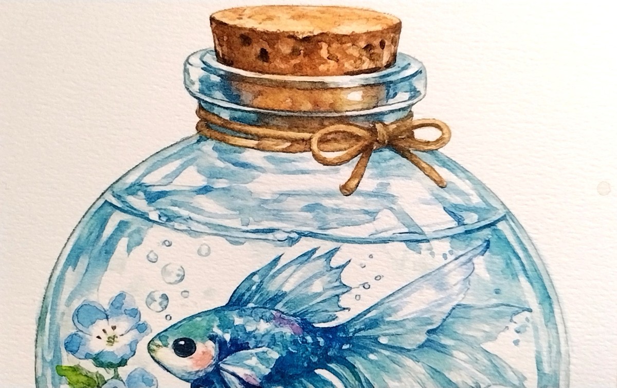 透明水彩とカラーインクを用い、水に溶け込むようなグラデーションと繊細なにじみを追求しました。光を孕んだ水の色合いが、瓶の中に奥行きを生んでいます。
