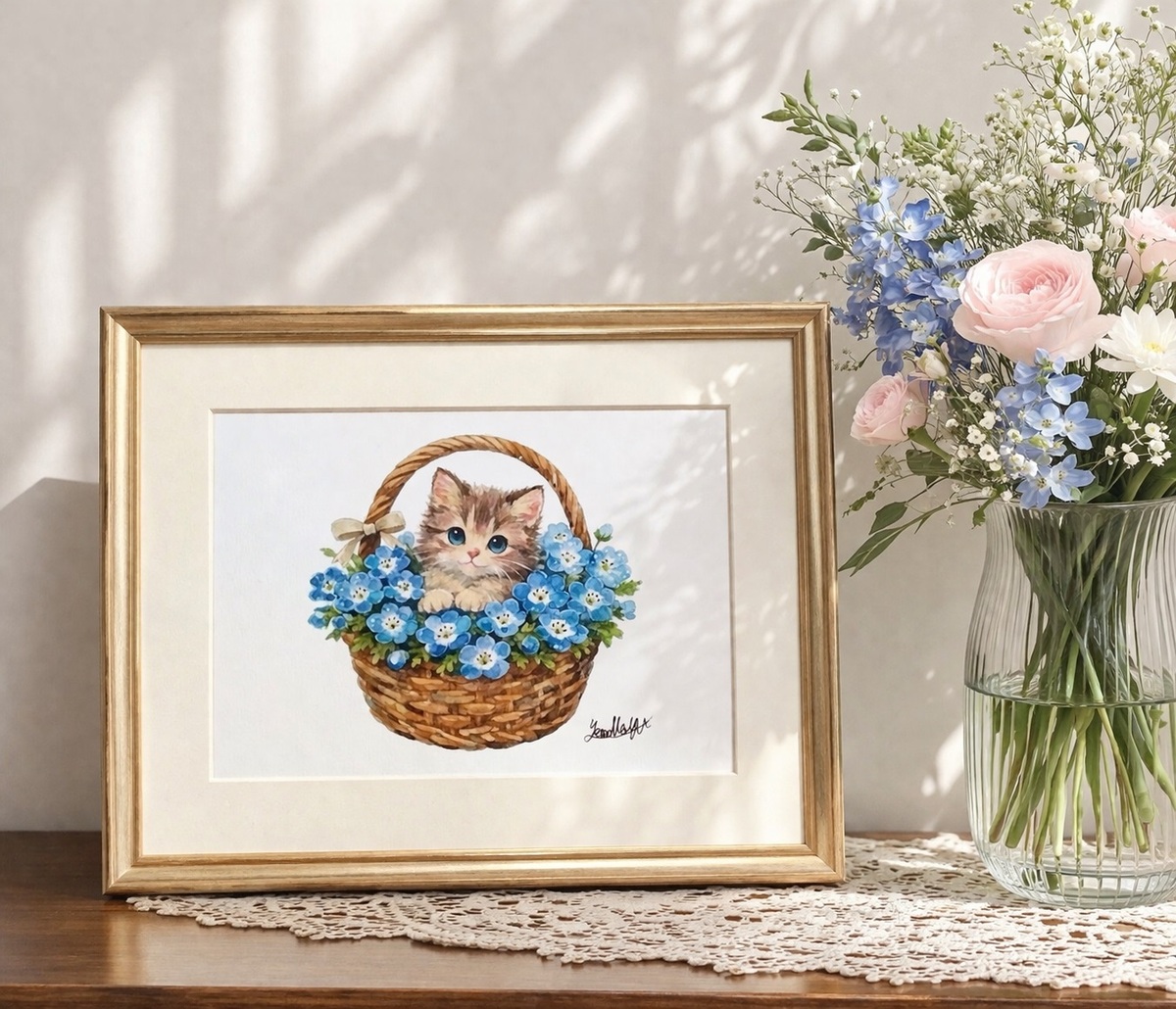 瑠璃色のネモフィラが、空間に明るい彩りと清潔感を添えてくれます。 猫好きの方へのプレゼントはもちろん、日々の生活に癒やしを取り入れたい方にもぴったりの一枚です。