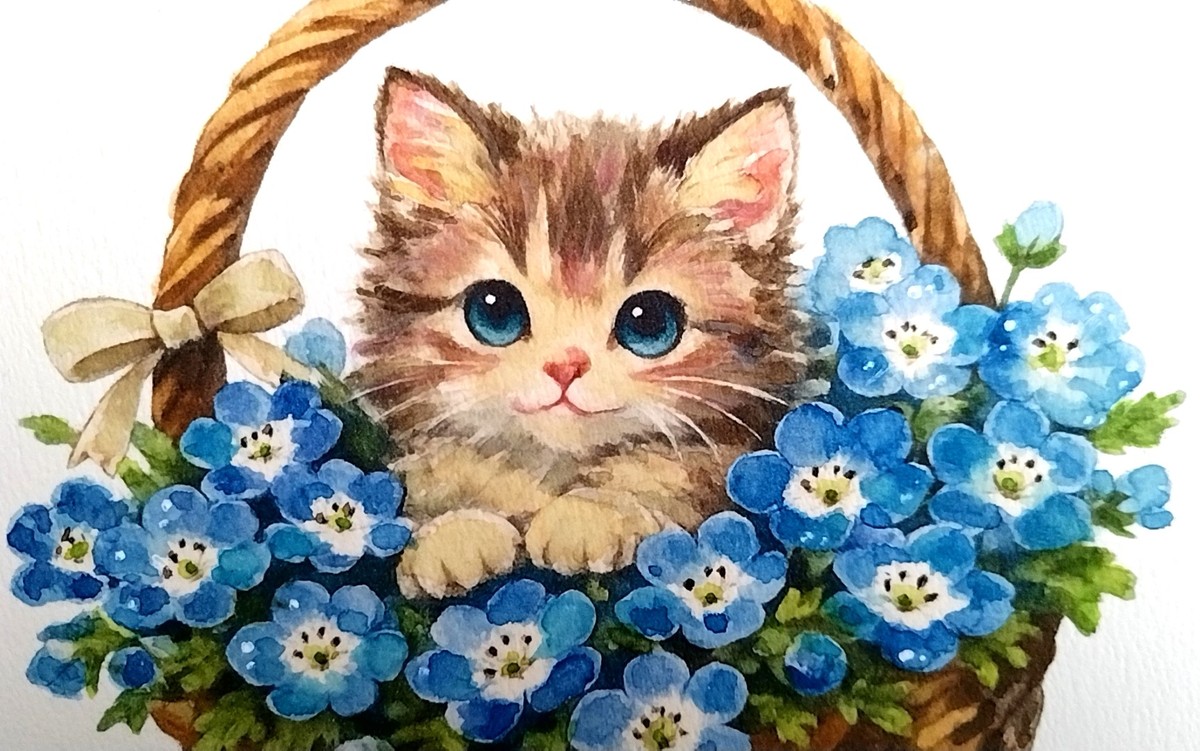 カラーインクならではの鮮やかで透明感のある発色を活かし、ネモフィラの一輪一輪を丁寧に描き込みました。瑠璃色の花々が、画面全体に爽やかな光を運んでいます。