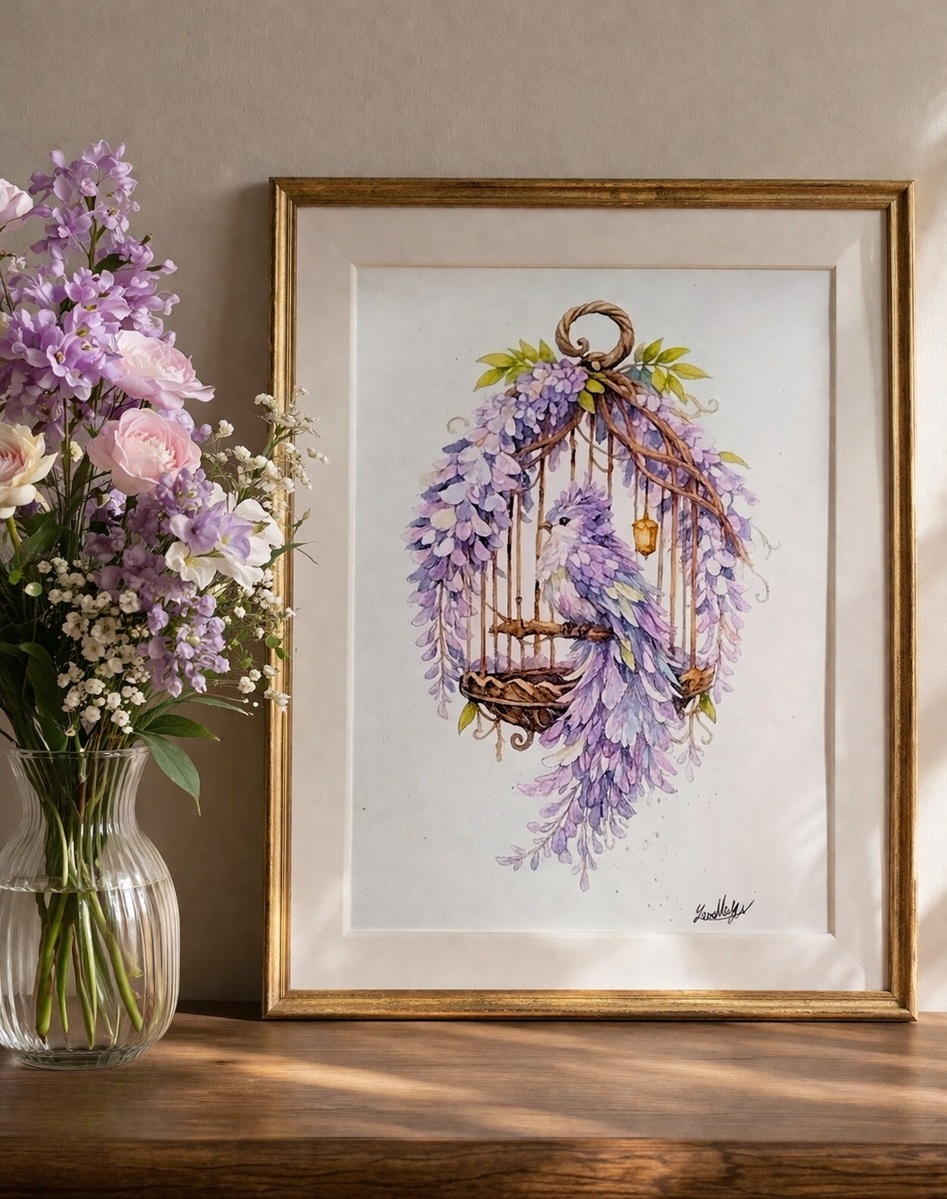 存在感のあるA4サイズですので、壁に飾ることでお部屋の印象をエレガントに変えてくれます。
紫色は心を落ち着かせ、精神を安定させる効果があると言われています。寝室や書斎など、一日の疲れを癒やし、自分自身の夢と向き合う空間に特におすすめです。