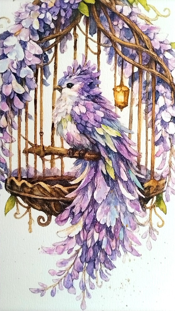 Dr.マーチン インディアインクと色鉛筆により、鳥の柔らかな羽のラインや、籠を形作る蔓の力強さを描写。小さなランプの灯火が周囲をほのかに照らす、繊細な光のニュアンスにもこだわりました。