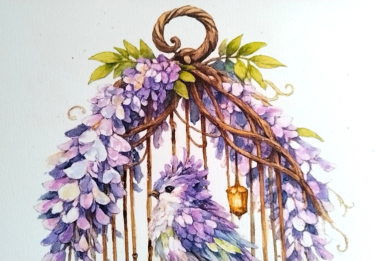 透明水彩とカラーインクを巧みに使い分け、藤の花びら一枚一枚が持つ繊細な色彩の重なりを丁寧に表現しました。水滴のように滴る花の質感が、画面に瑞々しさを与えています。