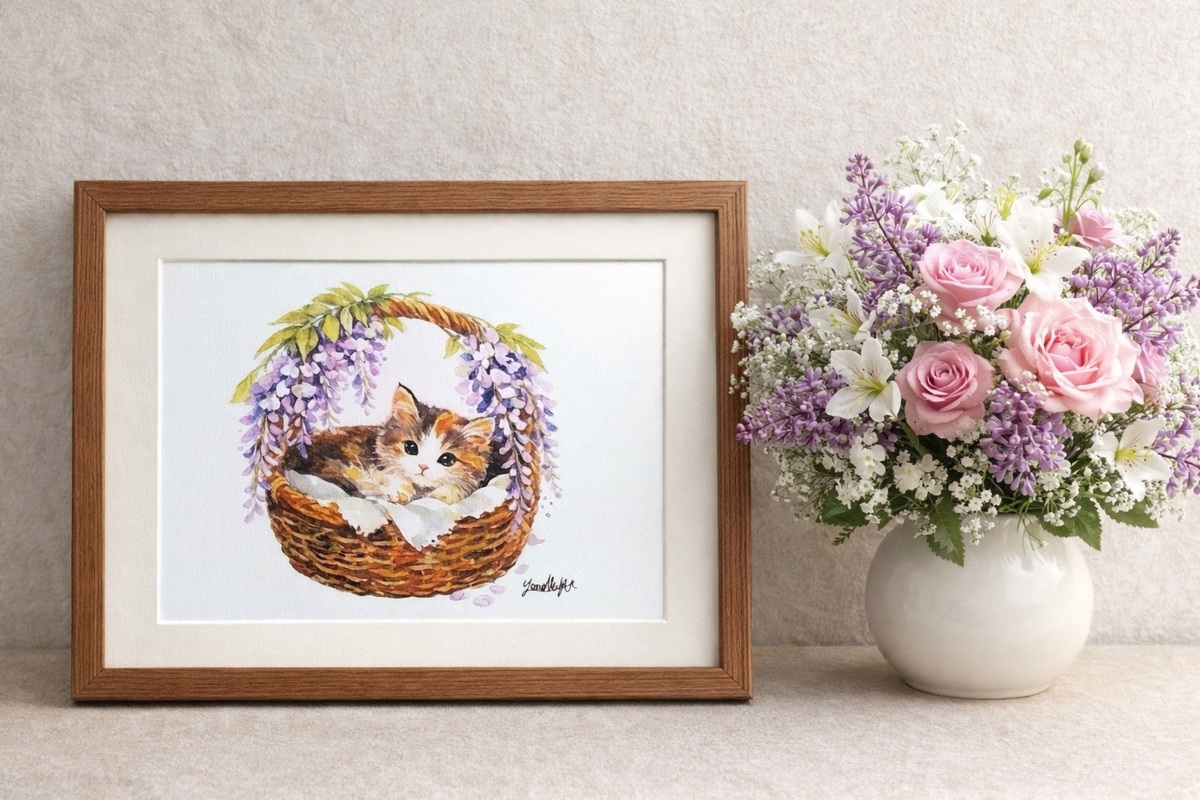 お部屋のちょっとしたスペースに飾ることで、空間に柔らかな春の空気を運んでくれます。 自分へのご褒美にはもちろん、猫好きな方や、新しい門出を迎える方への「安らぎの贈り物」としてもぴったりの作品です。