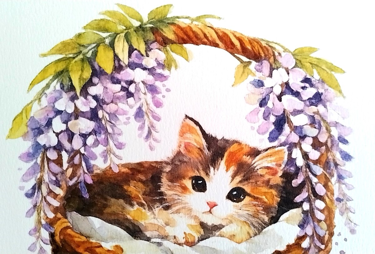 カラーインク特有の鮮やかな発色を最大限に活かし、藤の花びら一枚一枚が光を透かしているような透明感を表現しました。滴るような紫のグラデーションが、画面に瑞々しさを与えています。