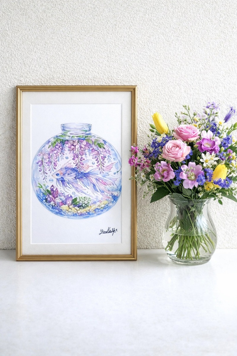 デスク周りやベッドサイドなど、ふと視線を落とした瞬間に「自分だけの秘密の庭」を覗き込めるような場所に。 紫と青を基調とした色彩は、疲れた心に静かな平穏をもたらしてくれます。鉱物標本やクリスタルと一緒に並べて飾るのも素敵な演出になります。