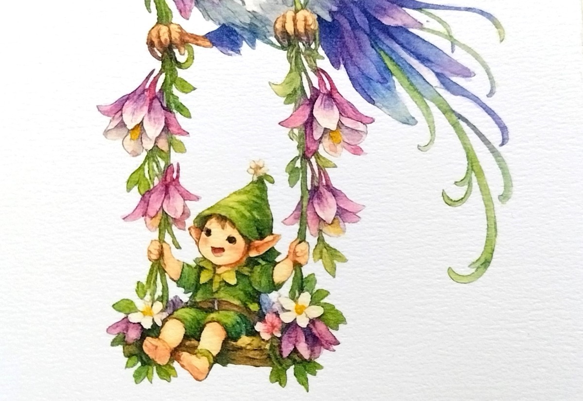 妖精の生き生きとした表情や、衣装の細かな質感は、Dr.マーチン インディアインクと色鉛筆を用いて丁寧に仕上げました。空を渡る風の気配まで感じていただけるような、密度のある表現を目指しています。