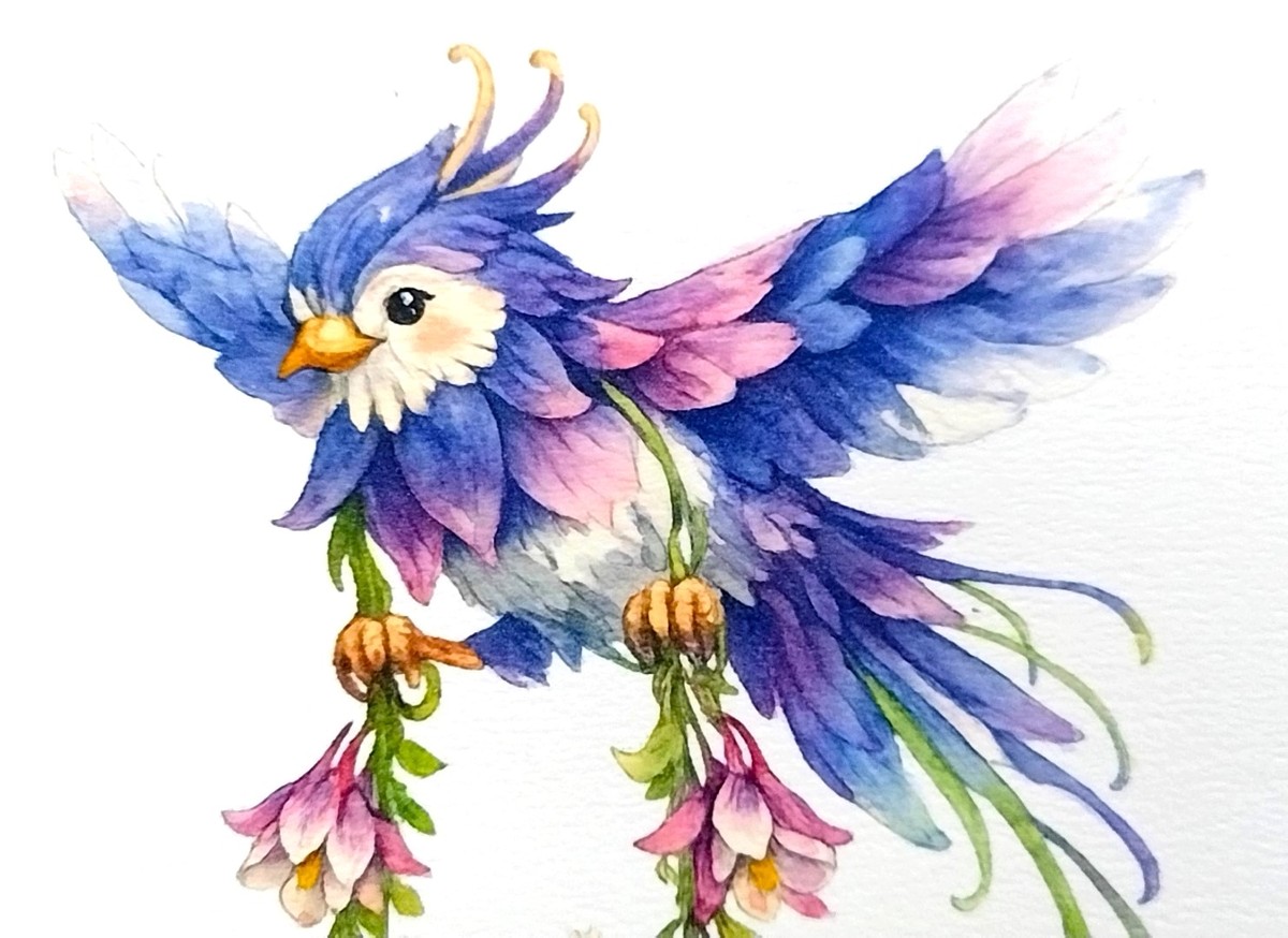 透明水彩の重なりを活かし、鳥の羽根一枚一枚の質感や、苧環の独特で優美なフォルムを繊細に描写しました。光を孕んだような色彩の変化が、画面全体に透明感を与えています。