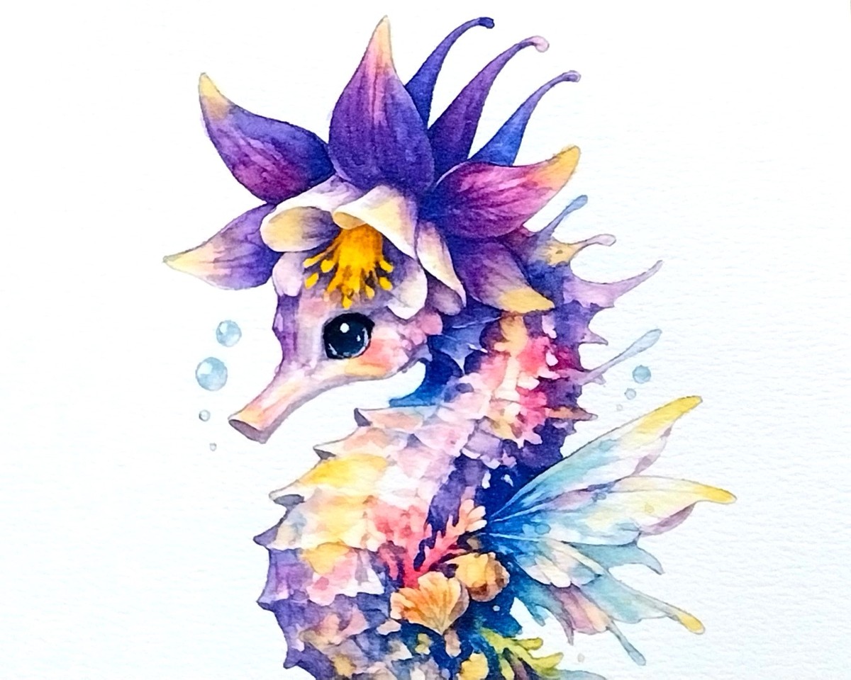 透明水彩の重なりを活かし、タツノオトシゴの体が放つプリズムのような輝きを表現。
さらにDr.マーチン インディアインクの鮮やかな発色が、海の底で光を放つ生命のエネルギーを際立たせています。