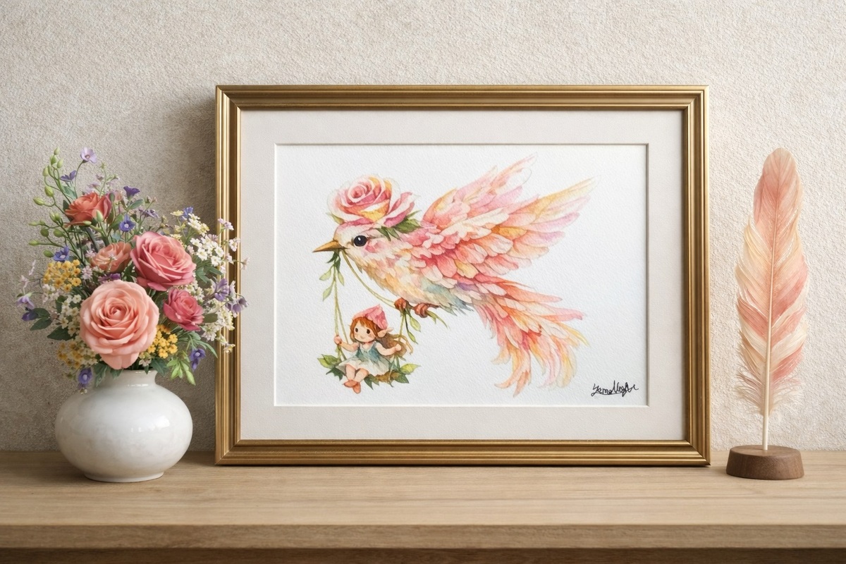 コンパクトで飾りやすい2Lサイズですので、お気に入りのコーナーやデスク周りに。
薔薇を纏った案内人が、お部屋をパッと華やかに彩り、あなたの日常に「新しい物語の始まり」を運んでくれます。大切な方への、夢あふれる贈り物としても最適です。