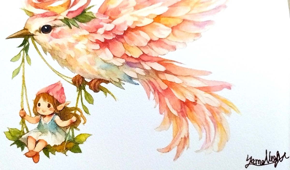 Dr.マーチン インディアインクと色鉛筆を併用し、妖精の細やかな表情や鳥の優しい眼差しを描き込みました。柔らかな色彩の中に、これから始まる冒険への期待感を込めています。