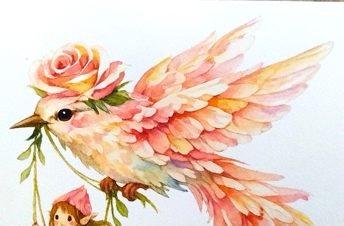 透明水彩を丁寧に重ね、薔薇の花びらの繊細さと奥行きを表現しました。小鳥の羽根一枚一枚が放つパステルトーンのグラデーションが、画面全体に温かく幻想的な光を添えています。