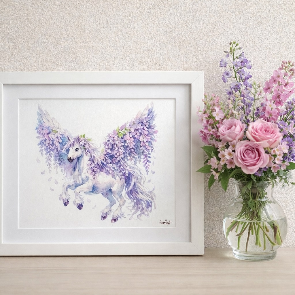 存在感のあるA4サイズですので、壁面を彩る主役として。
藤色は古来より高貴な色とされ、心を落ち着かせる効果もあります。リビングや寝室など、静かに自分と向き合い、自由な想像力を羽ばたかせたい空間に飾っていただければ幸いです。