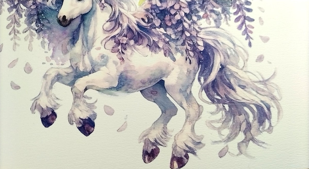 Dr.マーチン インディアインクで光の粒を鮮やかに表現し、色鉛筆で天馬の優美なラインや瞳の輝きを緻密に描写しました。柔らかな空気感の中に、気高い意志を感じさせる仕上がりを目指しました。