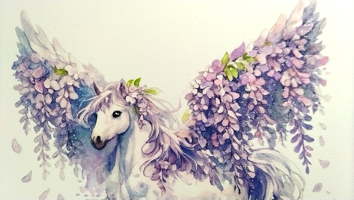 透明水彩の繊細なにじみを最大限に活かし、藤の花びら一枚一枚を丁寧に描き込みました。淡いパープルからブルーへと移ろうグラデーションが、翼に奥行きと生命力を与えています。