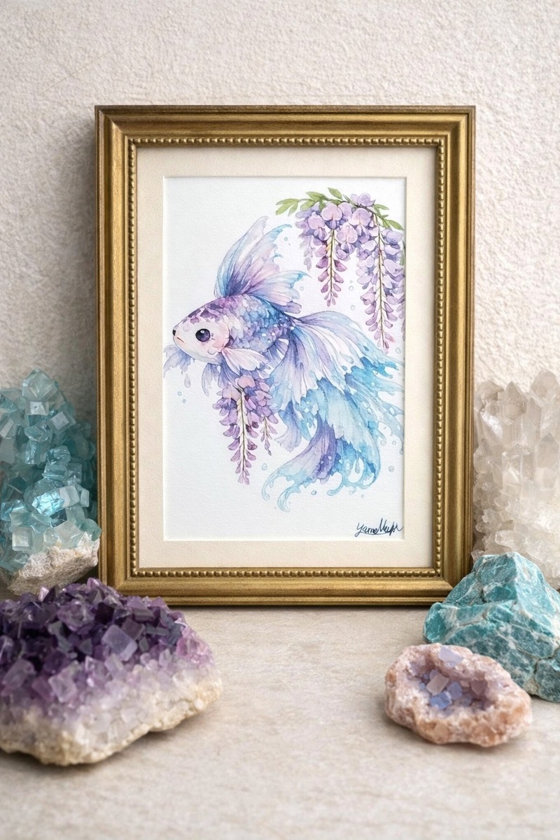 飾りやすいA5サイズですので、寝室や書斎のパーソナルなスペースに。
青と紫を基調とした落ち着いた色調は、空間に安らぎを与えてくれます。水底をゆったりとたゆたう金魚の姿を眺めながら、静かなひとときを過ごしていただければ幸いです。