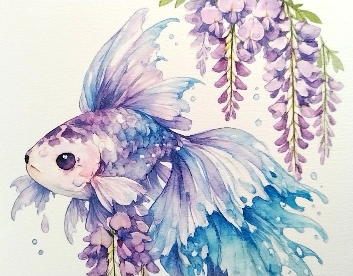 透明水彩の繊細なにじみを活かし、藤の花のみずみずしさと、水を感じさせる青のグラデーションを丁寧に描写。藤の淡い紫と水色のコントラストが、画面全体に清涼感を与えています。