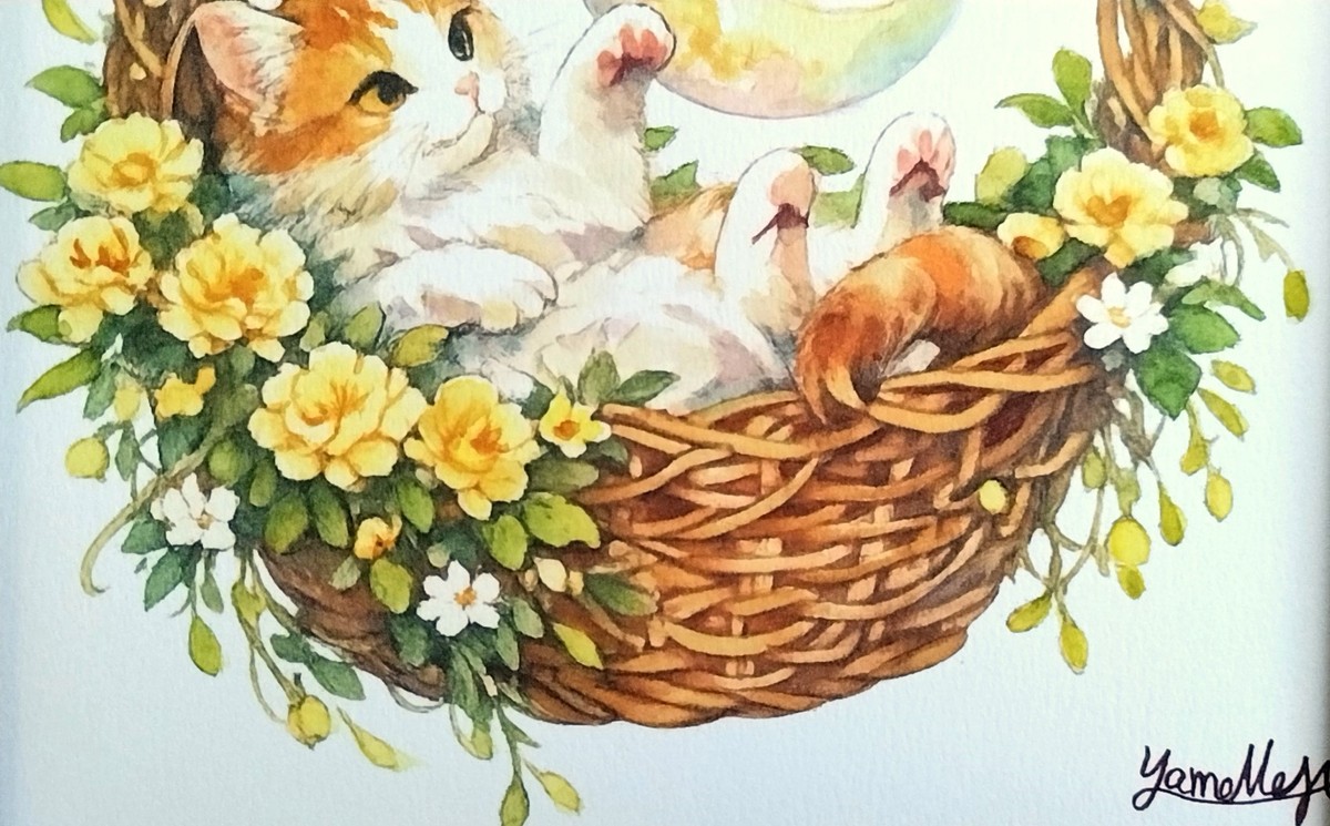 Dr.マーチン インディアインクでアクセントを加え、色鉛筆によって猫のふんわりとした毛並みの質感や、三日月の神秘的な煌めきを緻密に表現しました。
複数の画材が織りなす層が、作品に深みと瑞々しさを与えています。