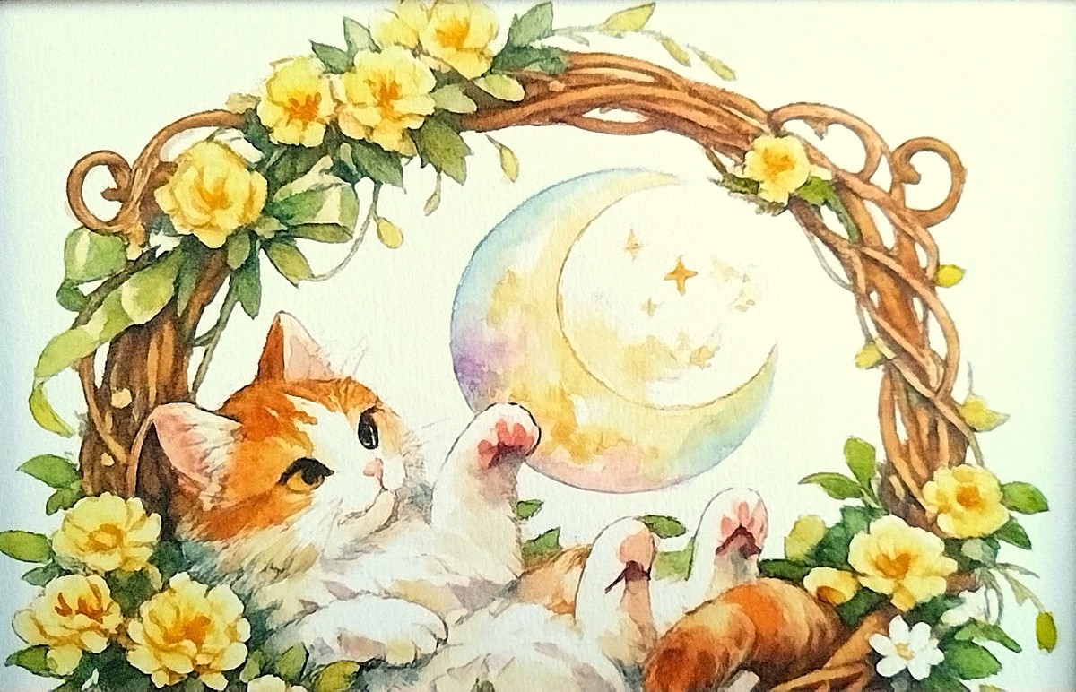 透明水彩の明るく澄んだ発色を活かし、重なり合うモッコウバラの繊細な花びらを一枚一枚丁寧に描写しました。柔らかな黄色が、画面全体に春の陽だまりのような温かさをもたらしています。