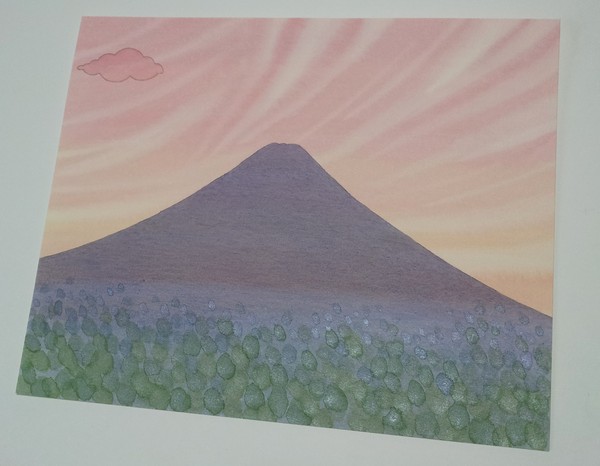 手彩ではありますが、数枚描いた中からアートメーターへ掲載しました。
「夏富士」と同様に、山の麓の緑は、銀色まじりで少し光ります。