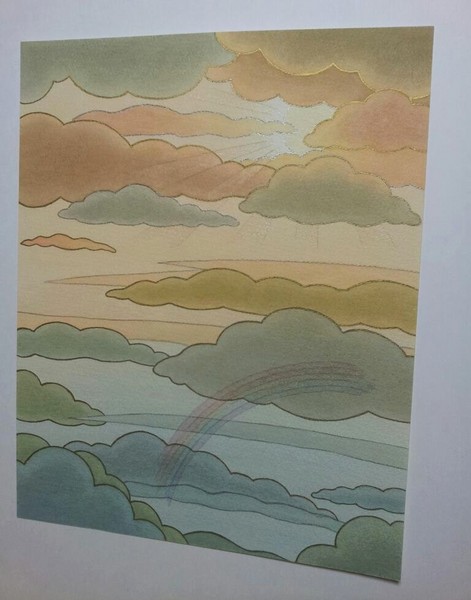 手彩ではありますが、数枚描いた中から一枚をアートメーターへ。見る向きによって雲の縁取りの光り方が変わって見えます。