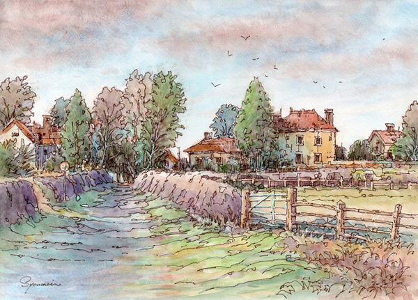 水彩画原画 ひつじ牧場のある村 #676