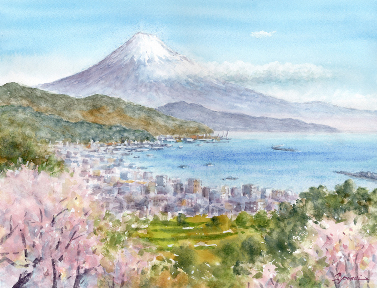 水彩画原画 富士山と桜・日本平から
